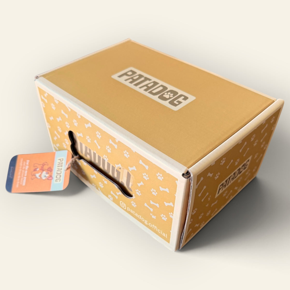 A Patadog  puppy training branded cardboard box in a warm tan and orange color scheme with white paw and bone patterns, shown on a light beige background with a small gifit tag attached.